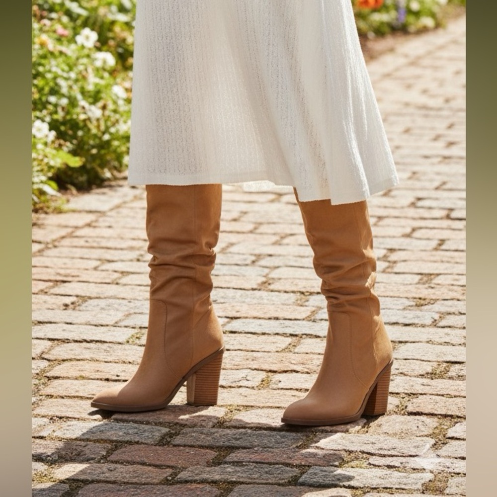 DV DOLCE VITA Nellie Ruched Shaft Block Heel Boot size 7 biege tan - Picture 2 of 11